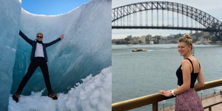 Foto van twee inkopers op hun vakantie. Link een foto met ijs en sneeuw. Rechts een foto bij een brug